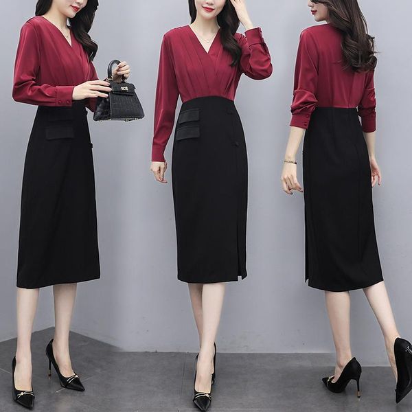 

casual dresses elegant slim waist dress women 2021 korean long sleeve office lady patchwork ladies v-neck fake two woman, Black;gray