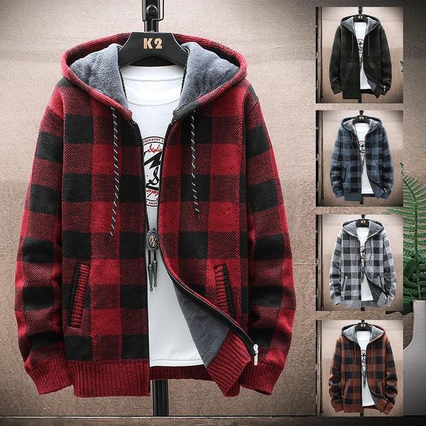 

men's jackets sweater jacket men mens coat hooded korean casual plush thickened knitted zipper warm 2021, Black;brown