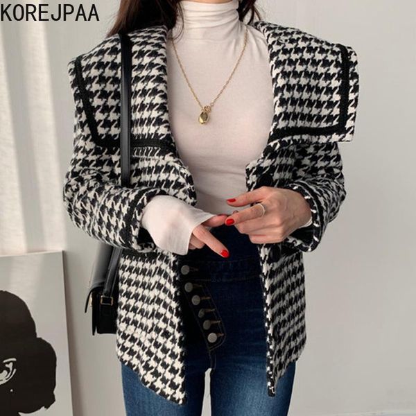 

women's wool & blends korejpaa women jackets 2021 autumn korea temperament ladies navy collar single-row button-down cardigan long-slee, Black