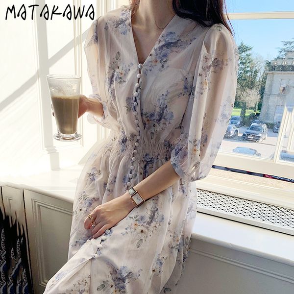 

matakawa chiffon women dress style floral vestidos v-neck single-breasted robe summer half dresses with sling 210513, Black;gray