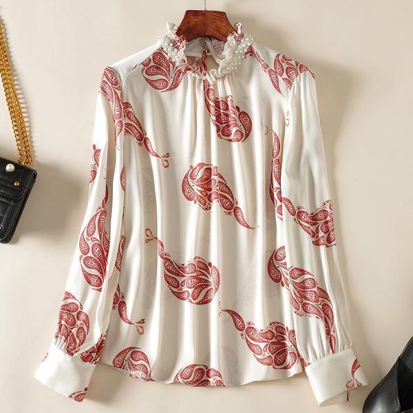 

women's blouses & shirts elegant printed shirt spring autumn beading stand collar long sleeve loose woman female real silk blouse, White