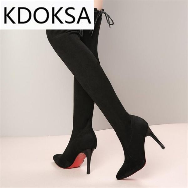 

over-the-knee boots women's pointed toe small man 2021 fall/winter stretch cat heel high-heeled women thin skinn, Black