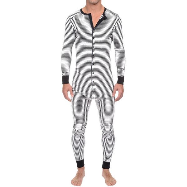 

men's sleepwear striped jumpsuit round neck tight-fitting one-piece pajamas long-sleeved autumn and winter home service sleepwear, Black;brown