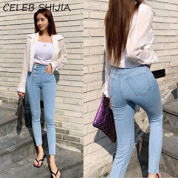 

high waist jeans women bubble buspring autumn stretch denim pants blue washed slim skinny female trousers single-breasted women's