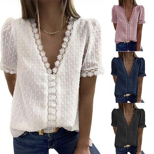 

women's t-shirt 2021 chiffon shirt women summer style solid color jacquard v-neck short-sleeved, White