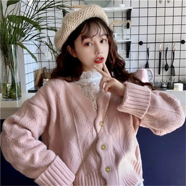 

women's knits & tees 2021 cropped cardigan sweaters women lovely elegant simple solid korean ladies knitwear trendy daily fall h296, White