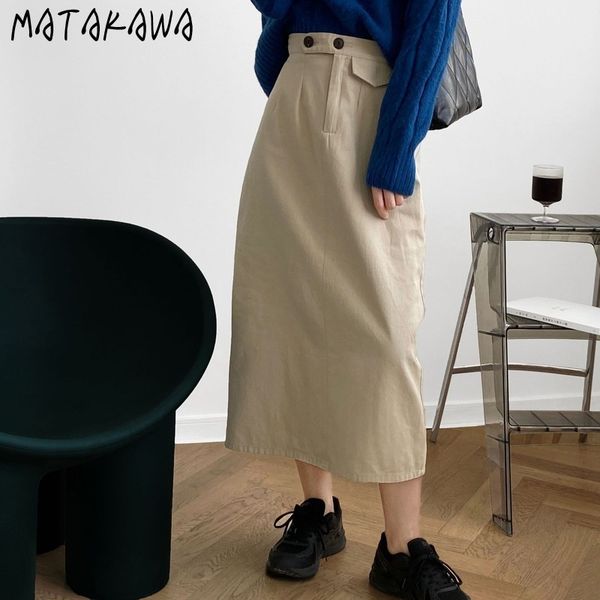 

matakawa washed cotton woman skirts autumn korean casual solid a-line long skirt faldas mujer moda 210513, Black