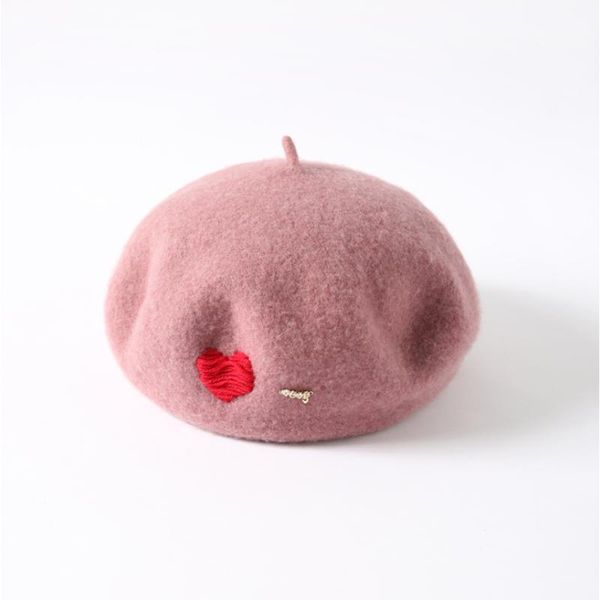 

autumn winter hat children retro beret love embroidery female students warm woolen casual painter hat, Blue;gray