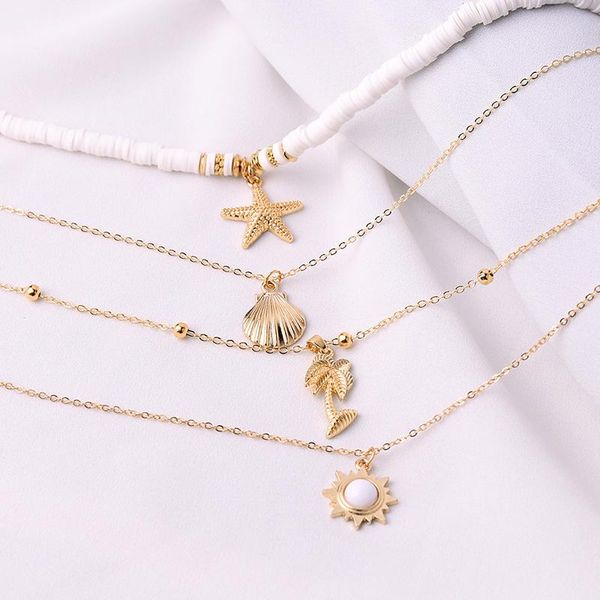 

pendant necklaces vintage multi-layer clay starfish shell chocker necklace golden beach jewelry summmer fashione women's neck chain, Silver