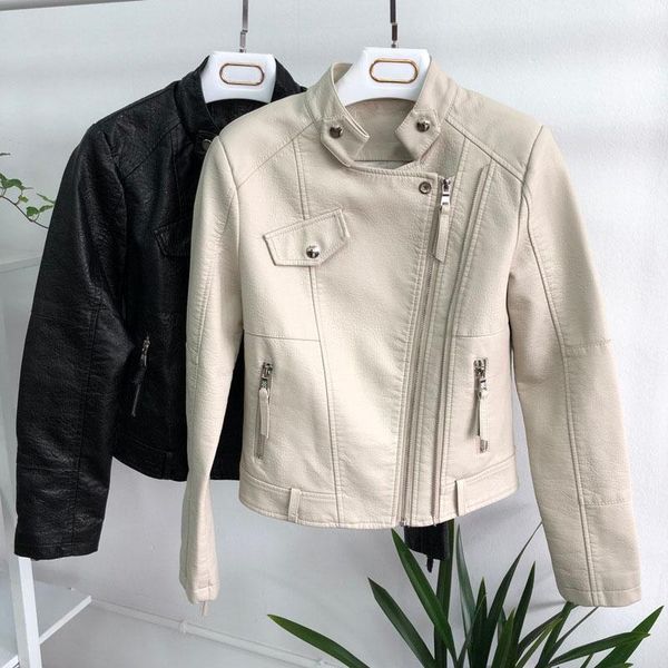 

women's leather & faux women spring autumn pu jacket slim soft motorcycle coats biker outwear, Black