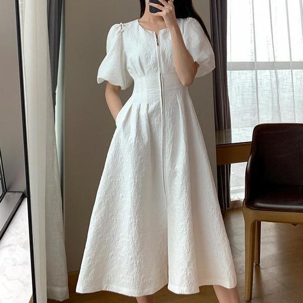 

casual dresses white dress 2021 summer waist bubble sleeve women flounced edge butterfly a-line, Black;gray