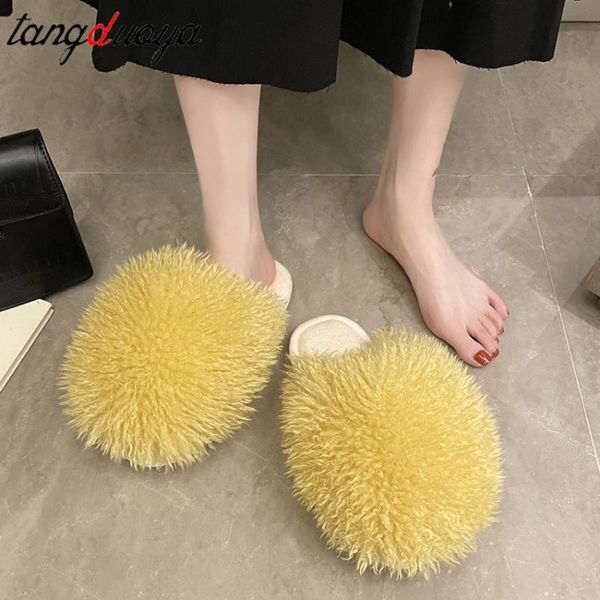 

slippers furry slides home women full fur winter warm plush bedroom non-slip couples shoes indoor ladies, Black