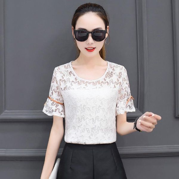 

women's blouses & shirts women hollow out lace for short sleeve femme fashion stars feminine, White
