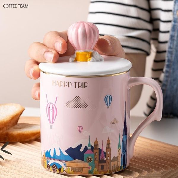 

mugs 400ml hand-painted balloon castle ceramic mug modern fashion couple ladies coffee cup with lid spoon milk breakfast