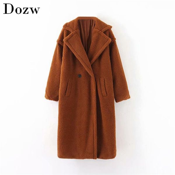 

winter casual solid teddy coat women long sleeve fleece jacket lady turn down collar lamb fur outerwear fourrure femme 210515, Black