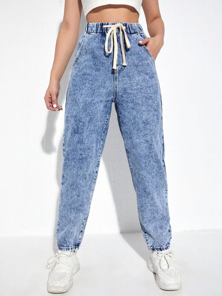 

high waisted drawstring jogger jeans l97n#, Blue