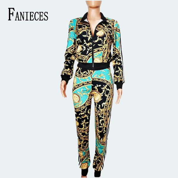 

luxury runway two piece set ins fashion women golden baroque printed zipper jacket coat + bodycon pants tracksuit suit wear 210520, White