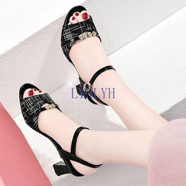 

sandals women pumps summer open toe high heelslow block heel shoes gladiator ankle strap casual, Black