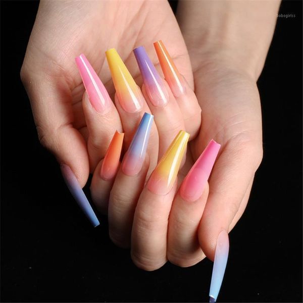 

24pcs/set long coffin fake nails european rainbow ballerina full nail art tips colorful beauty artificial false nails1, Red;gold