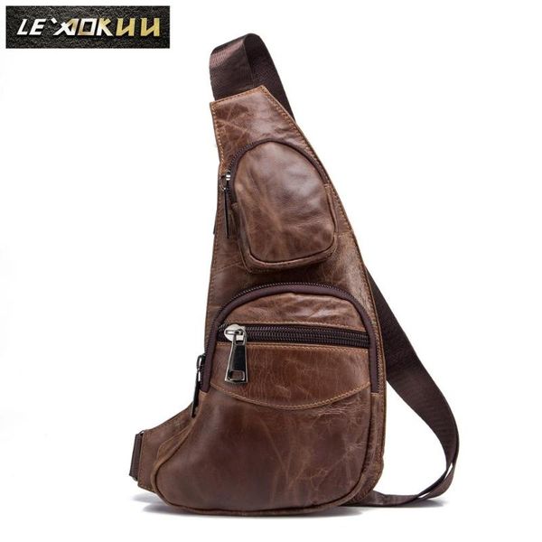 

men leather casual fashion triangle chest sling bag 7" tablet coffee travel design one shoulder cross body male 2021 waist bags