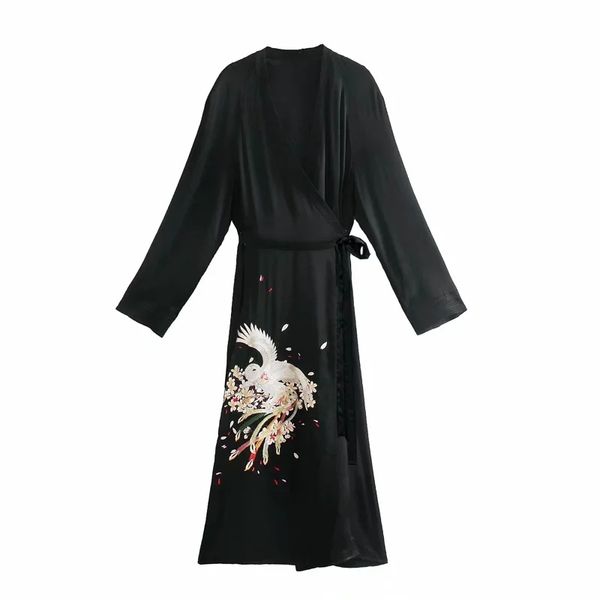 

spring women phoenix embroidery cross v neck midi wrap dress female long sleeve clothes casual lady vestido d7110 210430, Black;gray