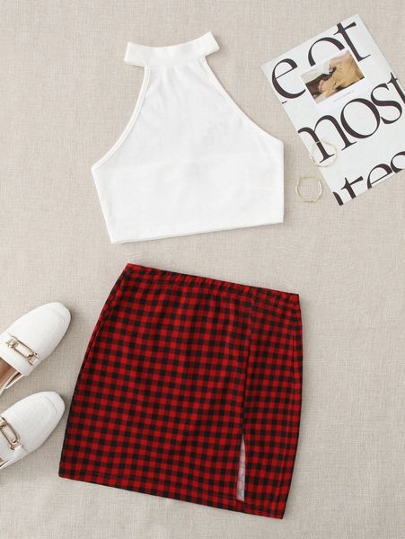 

crop halter & gingham skirt set z6c9#, White