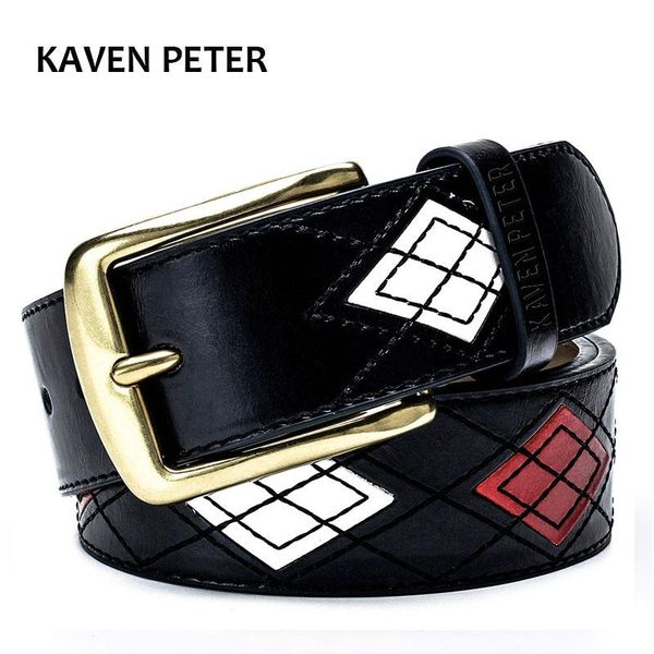 

fashion men belt trends jeans cowskin patchwork belts antique brass buckle for trouser waistband 4 color, Black;brown