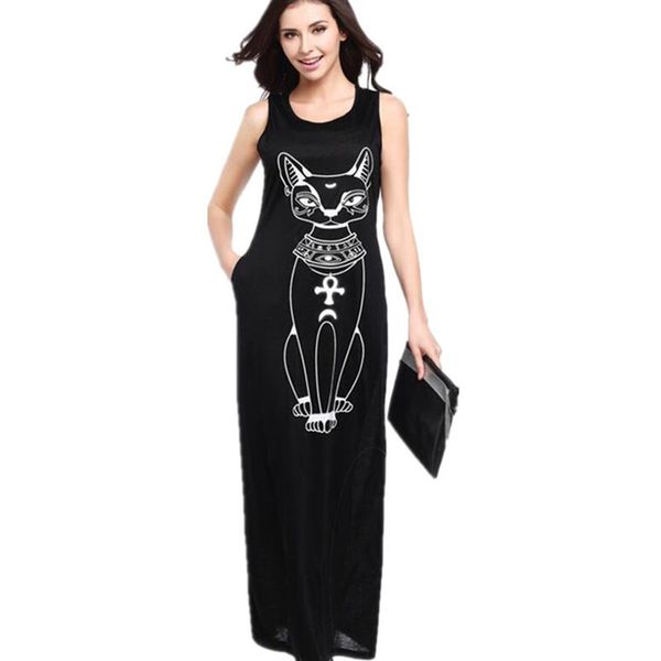 

casual dresses chsdcsi women sleeveless black boho evening party long strap cartoon print gray beach maxi, Black;gray