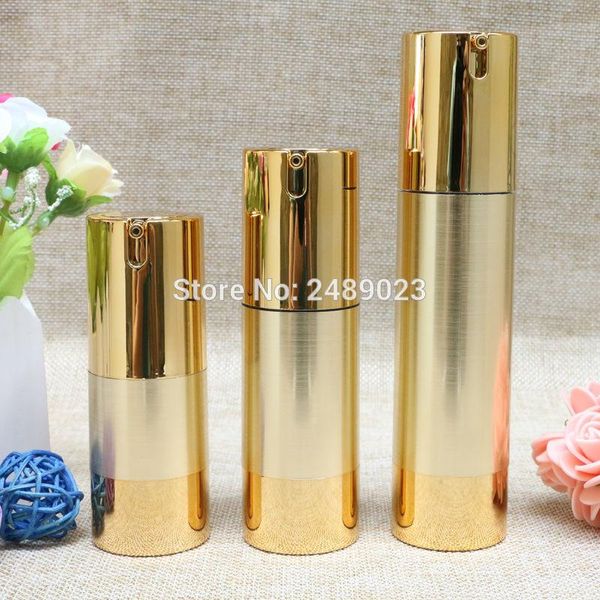 

15ml 30ml 50ml gold wire-drawing airless bottle uv coating refillable lotion push bottles packing 10pcs/lot storage & jars