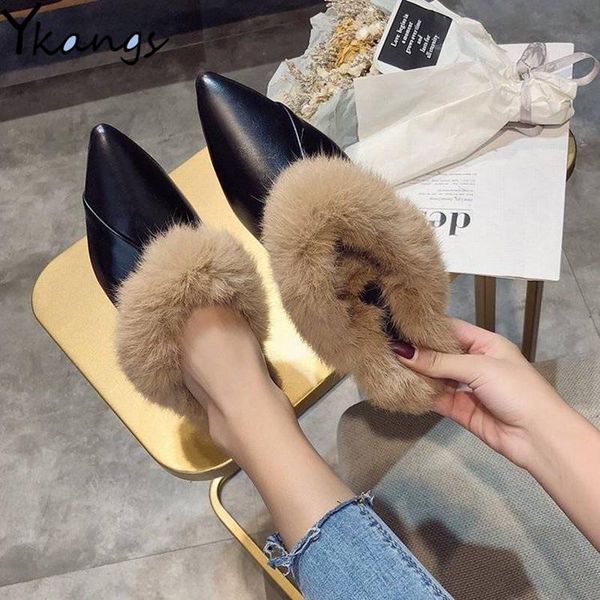 

winter warm real fur slippers mules pointed toe elegant 2021 women's autumn furry slides flip flops office work shose, Black