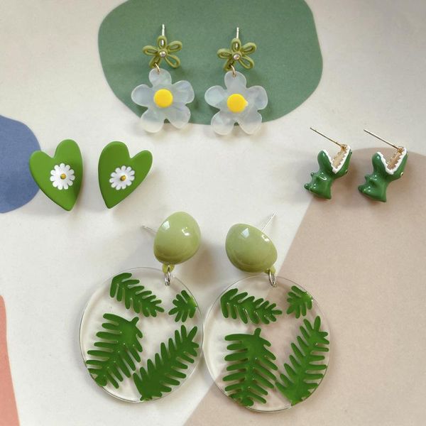 

dangle & chandelier aomu retro romantic green white acrylic resin plant dinosaur earring irregular round love hollow flower drop earrings fo, Silver