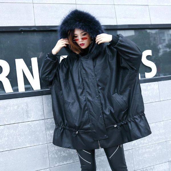 

winter loose fashion thick warm pu jackets long sleeve cotton-padded fur collar coat women parkas oversize outwear wp491, Black