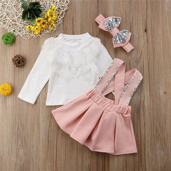 

toddler kids girls clothes lace long sleeve round neck ruffle strap geometry skirts sequin bow headband 3pcs baby outfits clothing sets, White