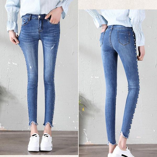 

women's jeans autumn spring women hole embroidered flares tassel pencil pants female ankle length zipper fashion zx952, Blue