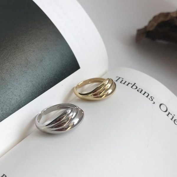 

korean version of the s925 sterling silver ring ins retro wide simple multilayer feathers arc female opening wedding rings, Slivery;golden
