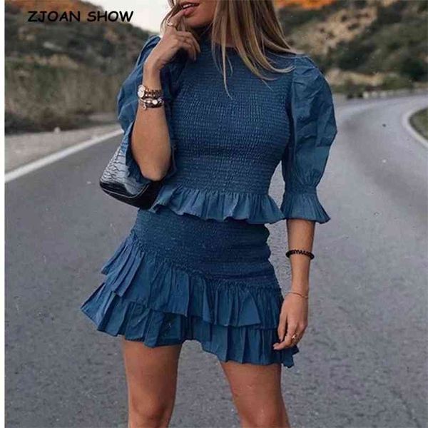 

summer blue elastic ruched shirt high waist ruffles hem skirts women puff sleeve pullover blouse 2 pieces set 210429, White