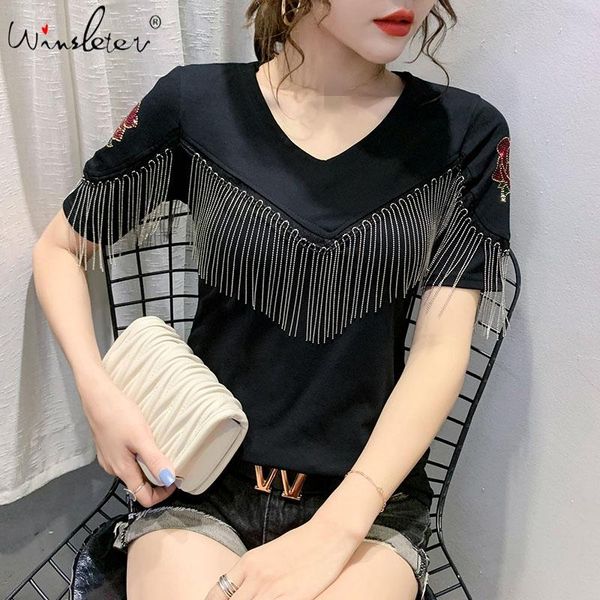 

women's t-shirt summer european clothes fashion v-neck shiny rose diamonds tassels women shirt cotton casual tees 2021 t06418, White