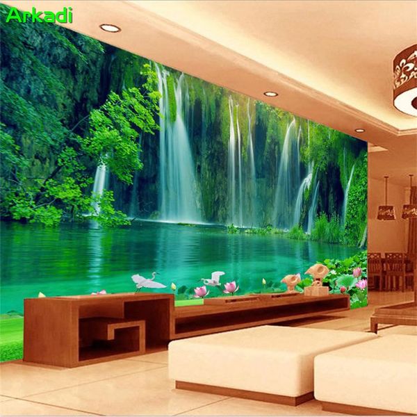 

wallpapers 3d waterfall poster beautiful scenery grassland natural green morning lotus tv living room background wallpaper