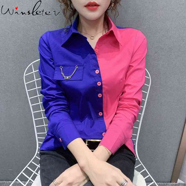 

women's blouses & shirts spring fall korean style patchwork blouse chic office lady color blocking irregular button elegant women, White