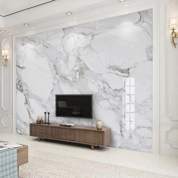 Пользовательские фото росписи обои 3D белая мраморная настенная гостиная телевизор софа спальня тема гостиницы современный водонепроницаемый