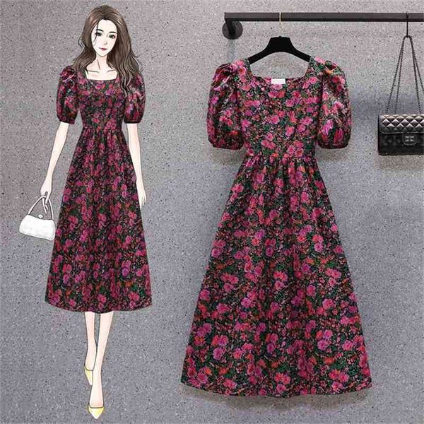 Vintage Puff Sleeve Lange Floral Urlaub Kleid Vestidos Frauen Sommer Elegante Quadratische Kragen Casual A-Line Midi Robe 210519