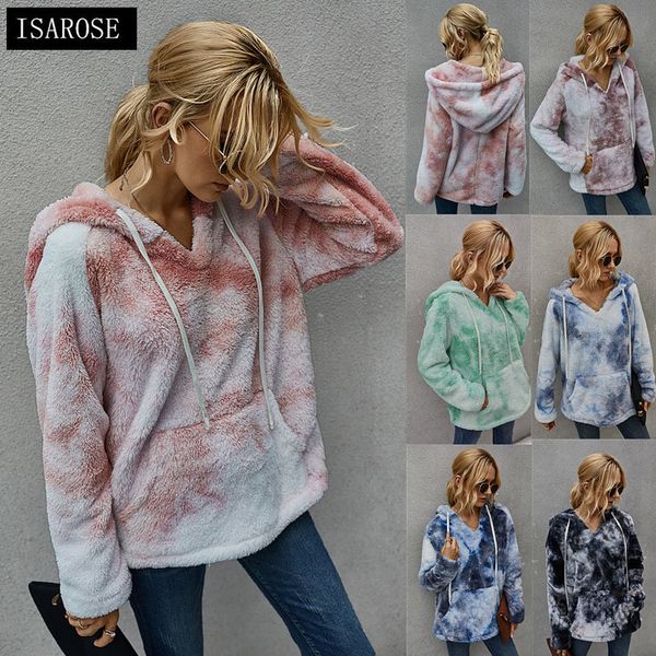 

isarose women fluffy hoodie soft coral fleece sweatshirt winter outwear with pocket pullover lady tie-dye tie dye hooded 210422, Black