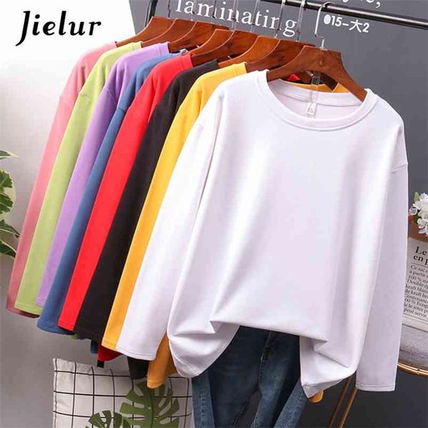 Jielur Herbst Baumwolle T-shirt Weibliche Reine Farbe Langarm Damen T-shirts Plus Größe M-4XL Gelb Weiß Basic T Tops 210623