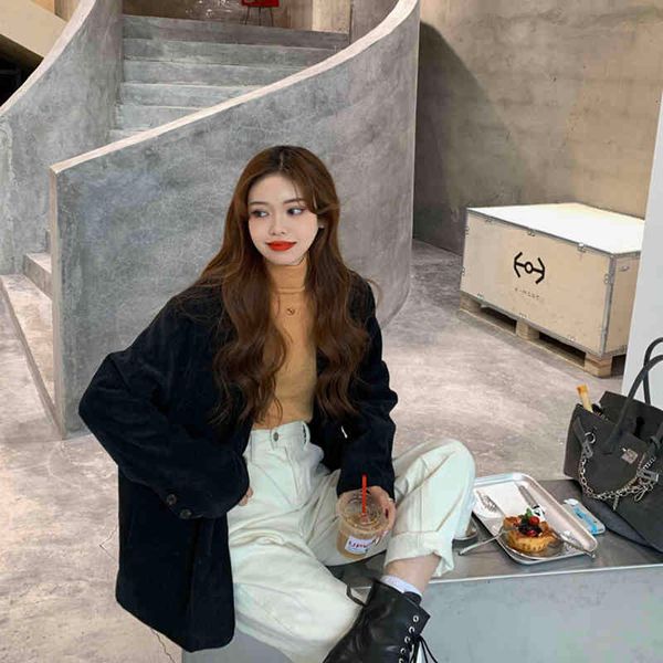 

women's suits & blazers korean corduroy loose oversized women autumn long sleeved thick jacket single breasted black blazer 4n6k, White;black