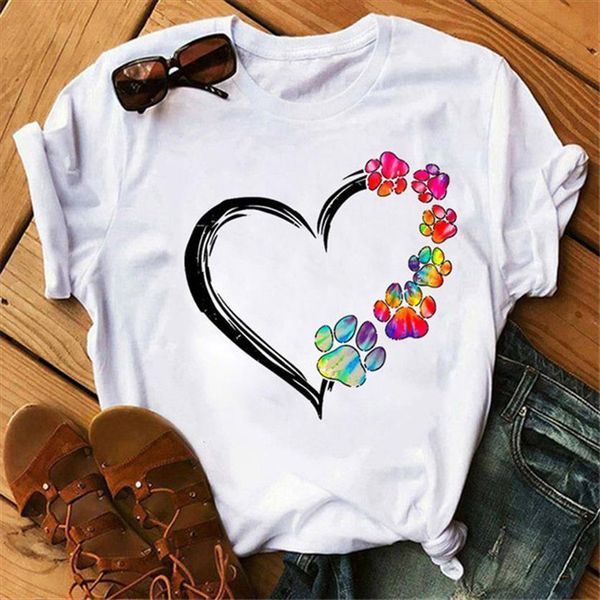 

maycaur harajuku lovely heart casual women cartoon paw printed woman clothes plus size oversized, White