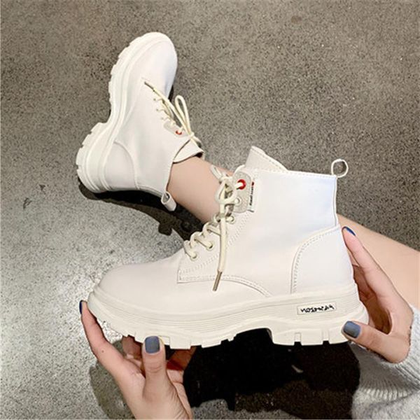 

boots 2021 winter white women fashion platform ankle lace up combat snow shoes woman warm plush black