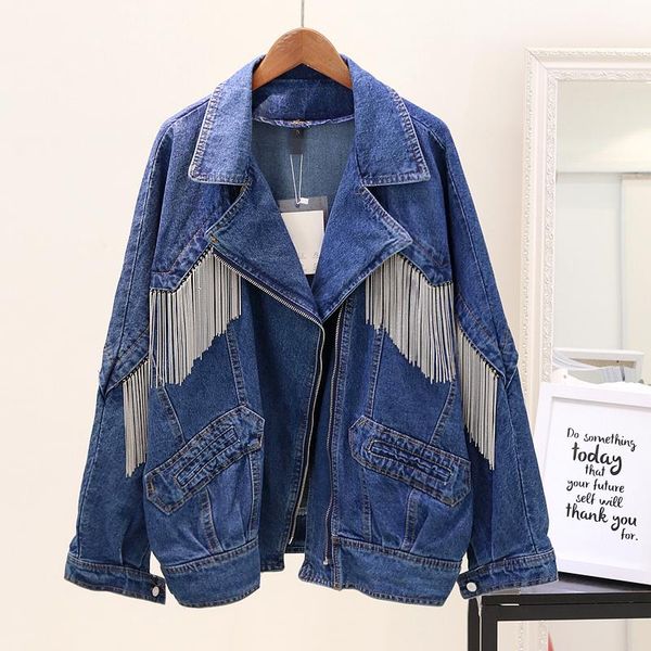 

women's jackets 2021 denim jacket spring and autumn women loose chain tassel blue cowboy coat female casual, Black;brown