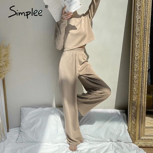 

solid color two piece loose casual cosy daily home style women's long sleeve suit autumn 210414, White