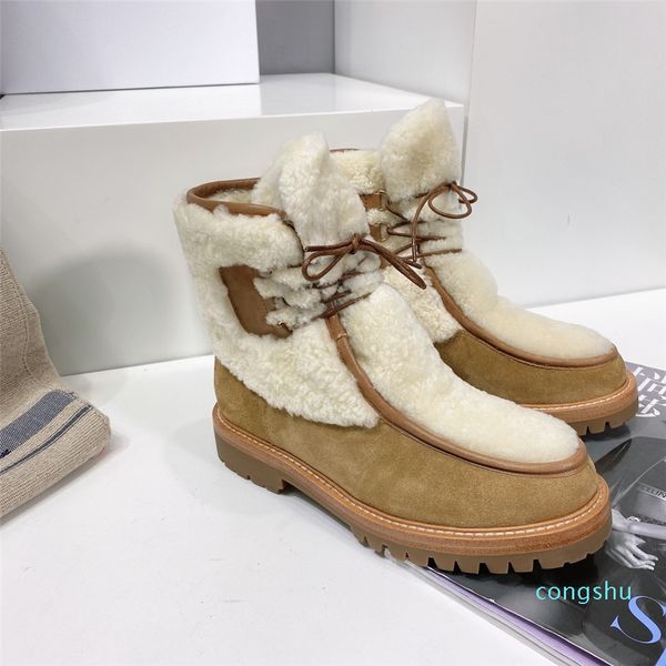 

shoes women winter natural kid suede platform fur-lined boots patchwork lace-up wool snow boots designer shoes botas de mujer22, Black