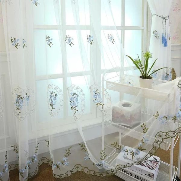 Vorhangvorhänge im koreanischen Stil, rosa bestickte Tüllvorhänge für Schlafzimmer, blaue Blumenfenster-Bildschirmpaneele, Spitze, durchsichtig, Wohnzimmer, Küche